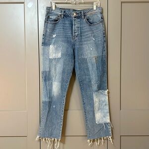 Free People We The Free Patchwork Vintage Boyfriend Jeans Denim Raw Hem Size 28